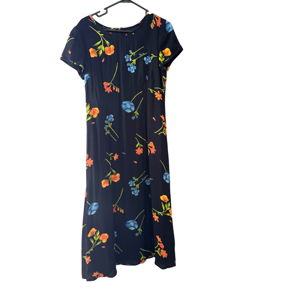 Talbots Petites Vintage Black Floral Rayon Midi‎ Dress Cottage Size 8P USA